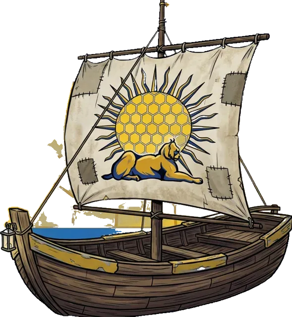 Navire des débuts : petit bateau de bois à la voile rapiécée, lynx et soleil en alvéoles sur la voile, pavillon de l’Olympique de Tambourine en tête de mât